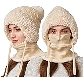 3 in 1 Beanie Hat with Scarf and Mask, Fleece Lined Balaclava Winter Hats for Women Windproof Hood Neck Warmers Knit Snow Cap