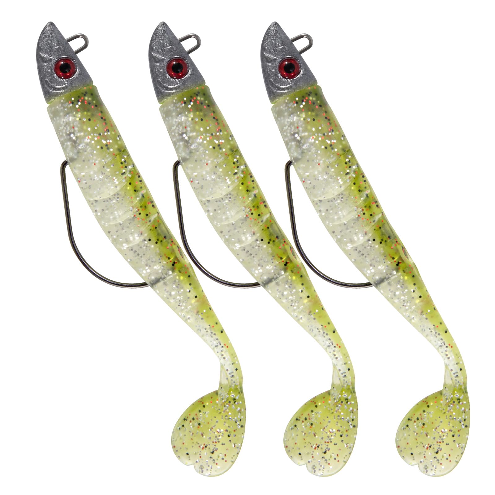 Dr.Fish 3pcs Soft Fishing Lures Jig Head with Paddle Tail Soft Plastic Lures 13CM 26g Accessories for Bass Pike Trout Perch,Color: Green Back Yellow Belly