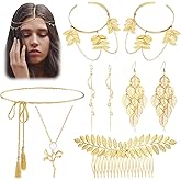 Greek Goddess Costume Accessories Set for Women Grecian Golden Laurel Leaf Headpiece Arm Cuff Bridal Wedding Earrings Halloween Roman Toga Costume Jewelry