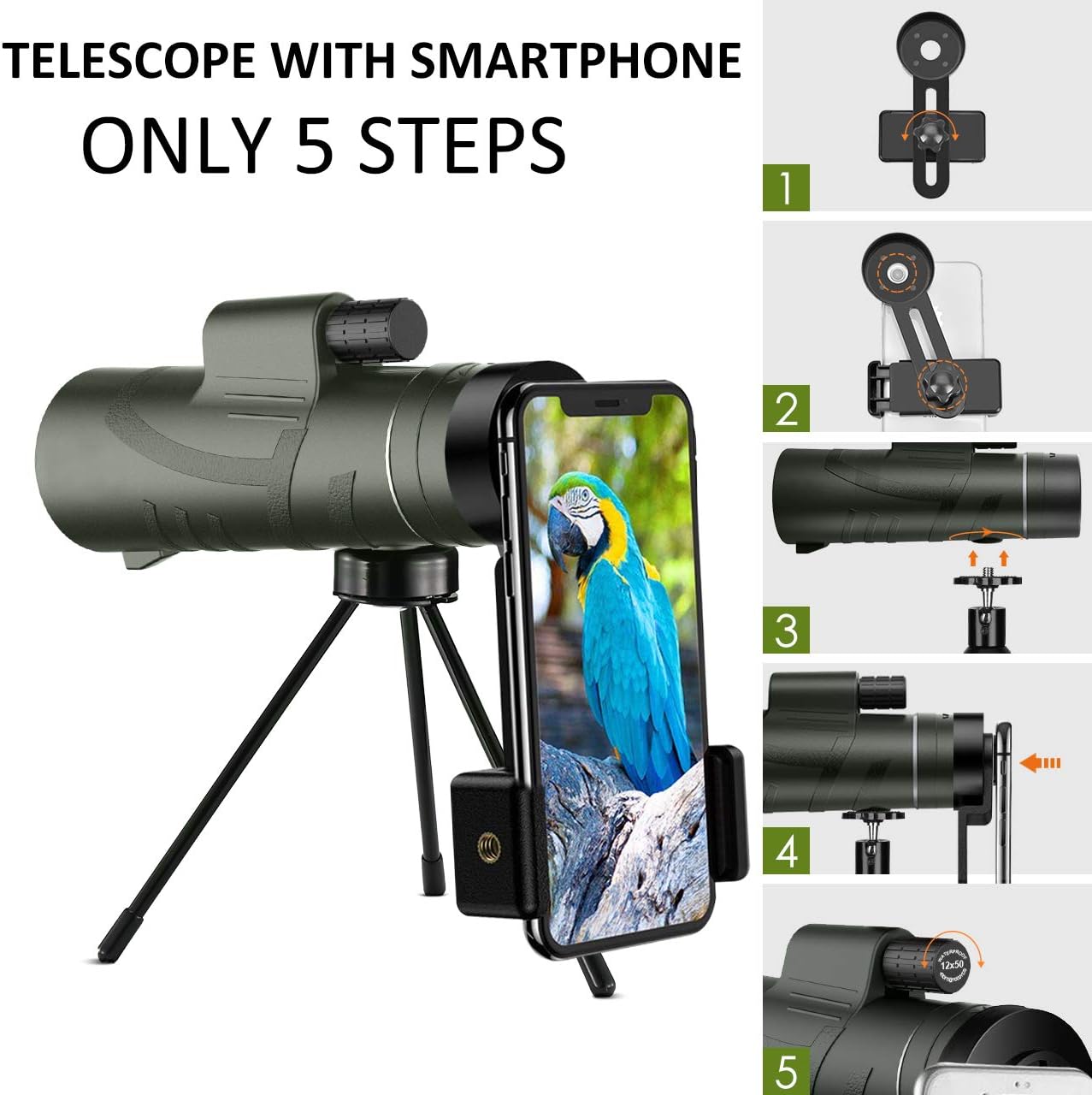 Monocular Telescope - 12X42 Monocular for Bird Watching, IPX7 Waterproof HD Monocular for Adults & Kids with Smartphone Holder & Tripod for Bird Watching, Hunting, Camping, Wildlife Scene, Jungle Green : Camera & Photo