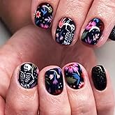 Halloween Press on Nails Day of the Dead Gel Glue on Nail 24Pcs Skull Skeleton Short Square False Nails Flower Stick on Fingernails Glossy Blue Leaves Acrylic Fake Nail Gift for Coquette Women Girls