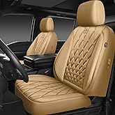 CAR PASS Piping Luxury PU Leather Two Front Car Seat Covers, Waterproof Anti Slip Seat Covers Compatible with Front Seat Armrests,Universal Fit for Suvs,Vans,Trucks,Airbag Compatible(All Beige)