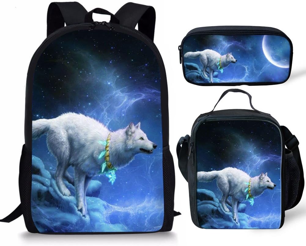ZERODATE Cool Animal Wolf Night Print Durable Kids Back to School Backpack Set Canvas Book Bag