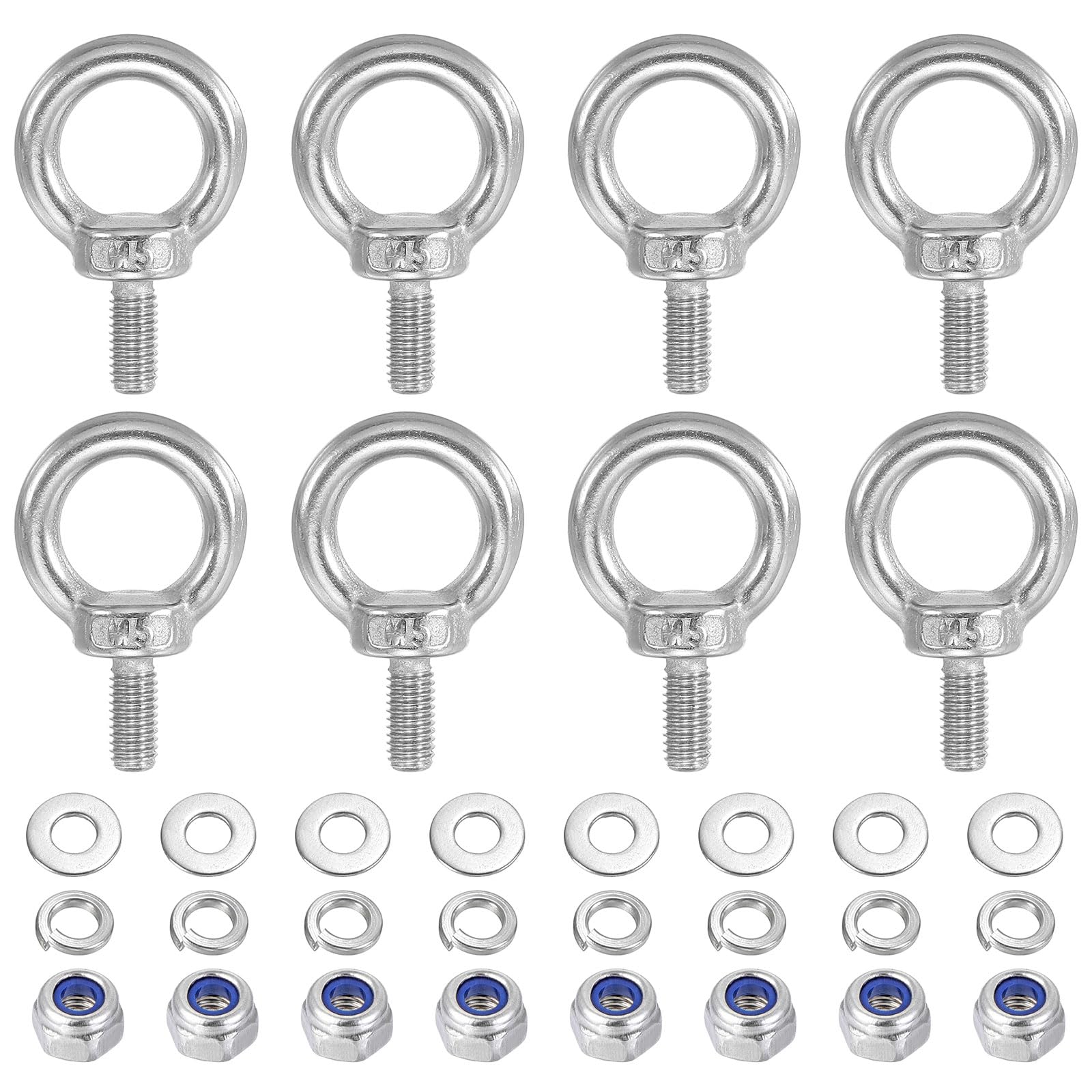 PATIKIL M5 x 10mm Lifting Shoulder Eye Bolt, 8Pcs 304 Stainless Steel Lifting Ring Threaded Eyebolt with Nuts Washers for Hanging Hammocks Articles