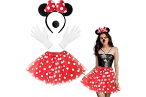 Takmor 4PCS Mouse Costume Accessories, Ear Headband 4 Layers Red Polka Dot Tutu Women Mouse Costume Adult Black Nose for Halloween Christmas Dress Up
