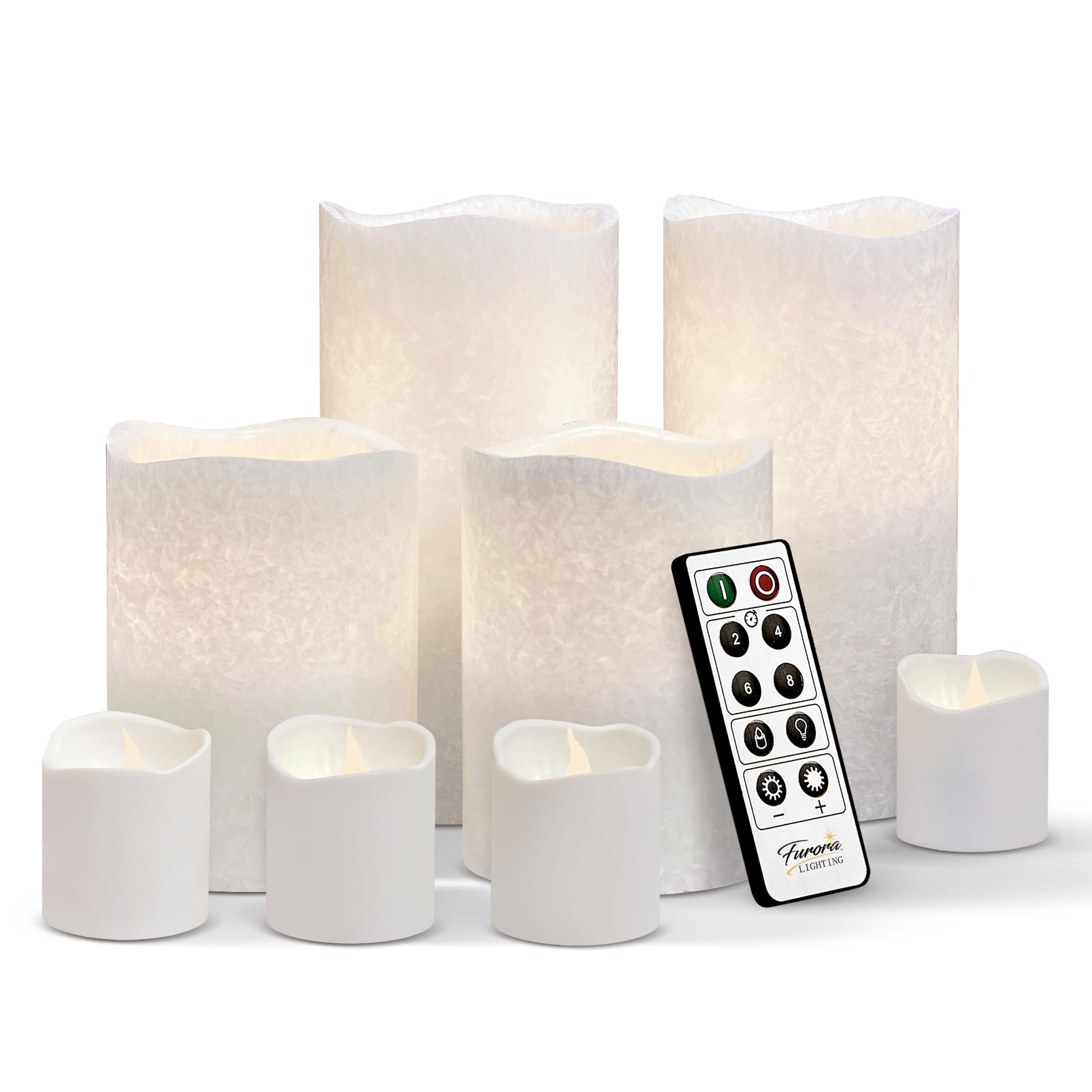 Furora LIGHTING LED Flameless Candles with Remote Control, Set of 8, Real Wax Battery Operated Pillars and Votives LED Candles with Flickering Flame and Timer Featured - Crystallized White