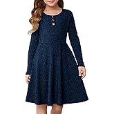 YOVION Girls Fall Long Sleeve Crew Neck Button Down Casual Flared A-Line Ribbed Knit Dress with Pockets for 6-12 Y