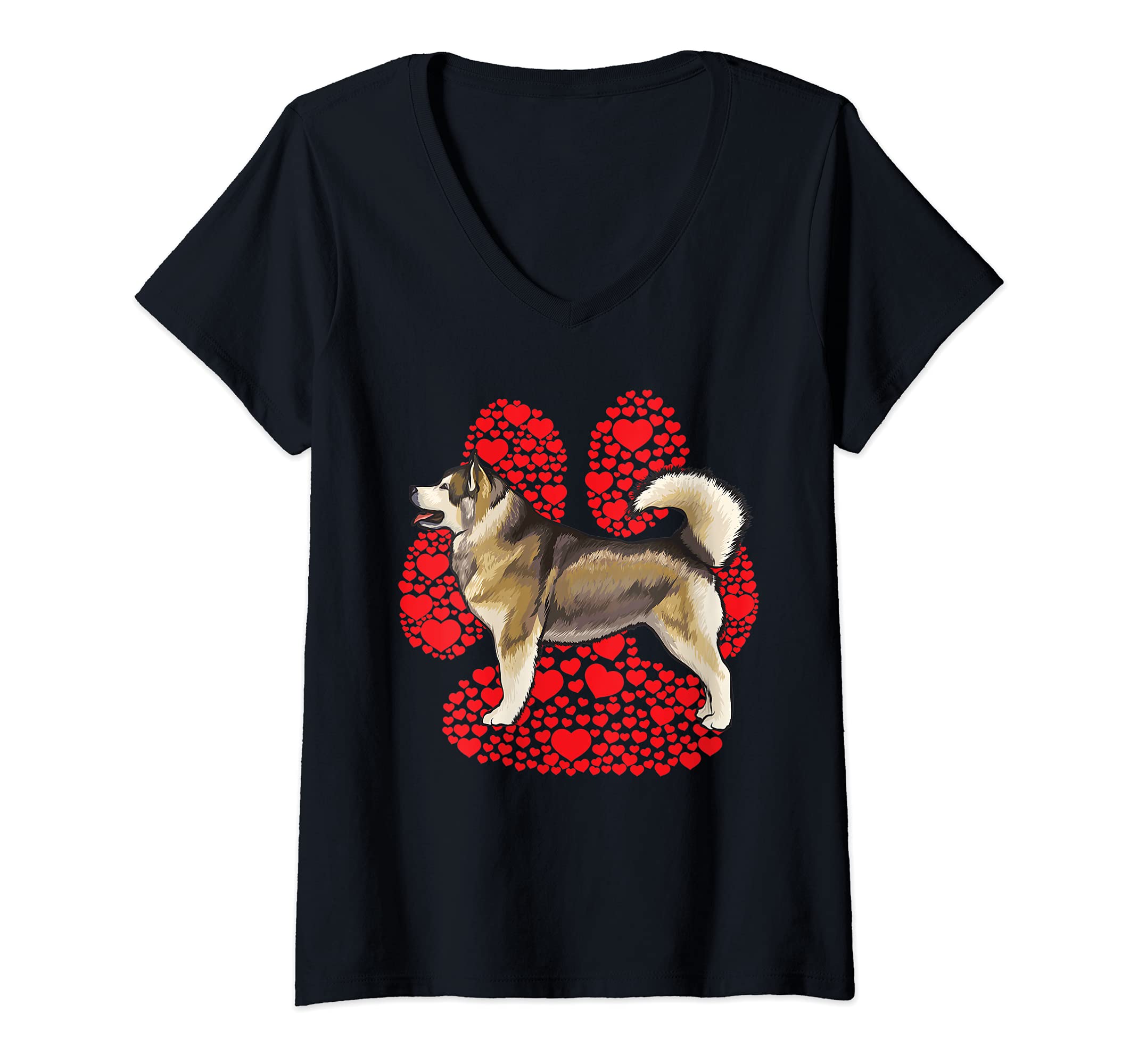 Womens Alaskan Malamute Valentines Day Dog Love Paw V-Neck T-Shirt