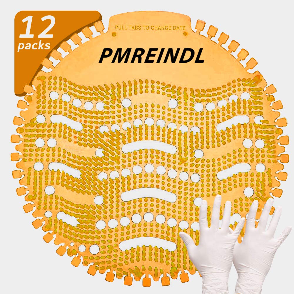 PMREINDL Urinal Screen & Deodorizer Anti-Splash & Odor Neutralizer(12-Pack+Clean Gloves) by FANS&FUN for Bathrooms, Restrooms, Office, Restaurants, Schools"Orange Fragrance" (Orange)
