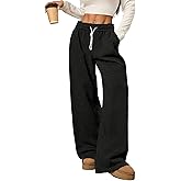 ZAFUL Women's Fleece Lined Sweatpants Foldover Waistband Drawstring Wide Leg Sweat Pants Warm Lounge Pants with Pockets Black M