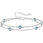 LOUISA SECRET Birthstone Bracelets for Women, 925 Sterling Silver Charm Link Double Strand Bracelet, Birthday Anniversary Christmas Jewelry Gifts for Wife Girlfriend Mother her…