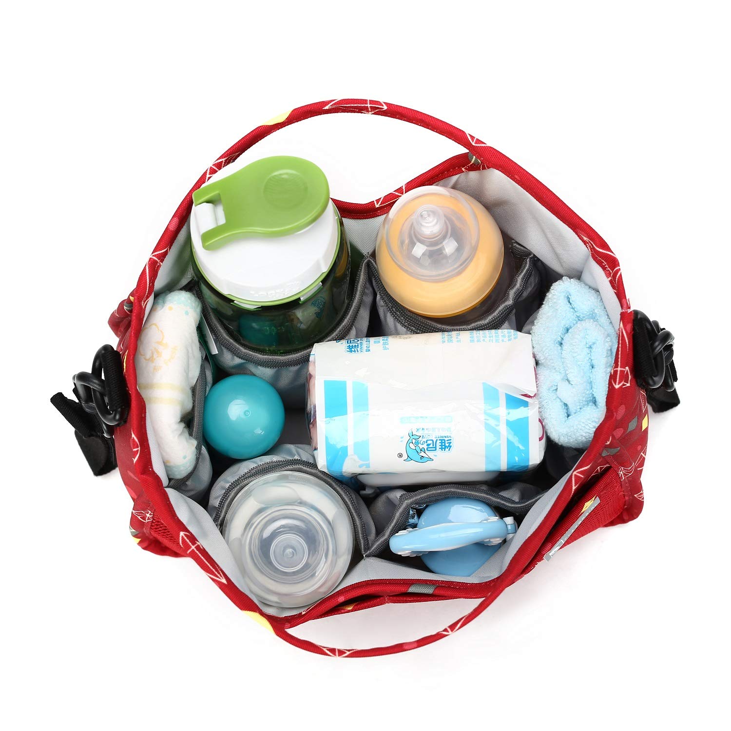 Parents Stroller Organizer Bag with 4 Insulated Cup Holders and Shoulder Strap for Carrying Bottles,Extra-Large Storage Space for iPhones, Wallets, Diapers, Books, Toys, iPads(Red)