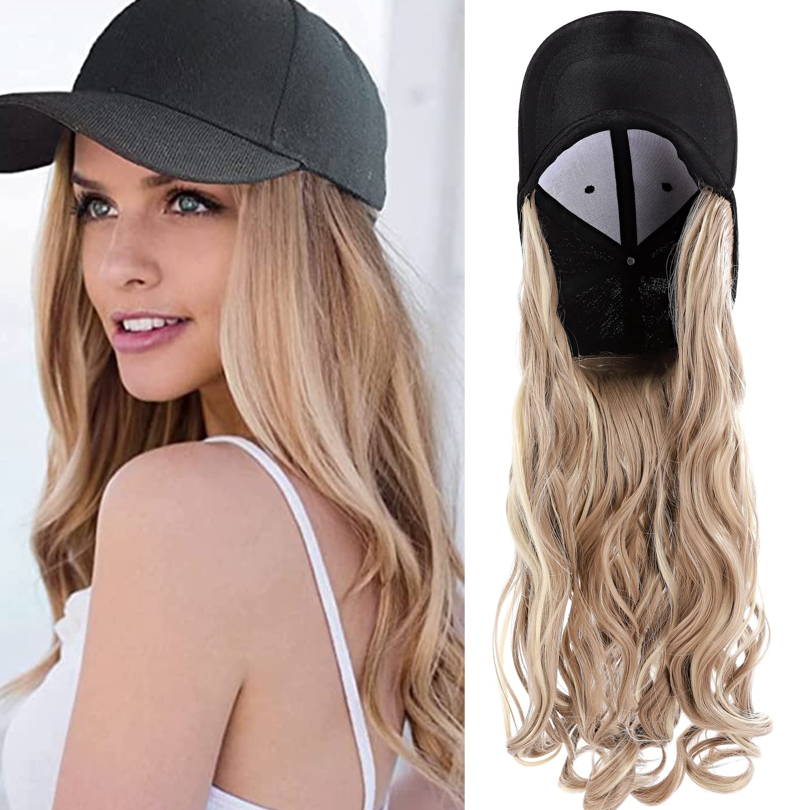 Photo 1 of S-noilite 16" Baseball Cap with Hair Baseball Hats with Hair Attached Curly Wavy Cap Wig with Hair Extensions Adjustable Culry Baseball Hat Wig for Women (16" -Curly, Sandy Blonde & Bleach Blonde)