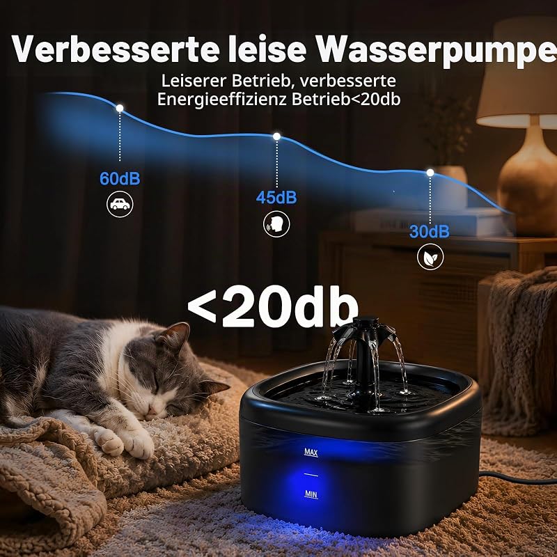 Katzenbrunnen Trinkbrunnen für Katzen und Hunde, 2.2L Automatischer Haustier Wasserbrunnen mit LED-Wasserstandsanzeige, Ultraleise Pumpe und Dreifach-Filtersystem, Bpa-Frei Katzen Tränke, Schwarz — Foto 5 von 8
