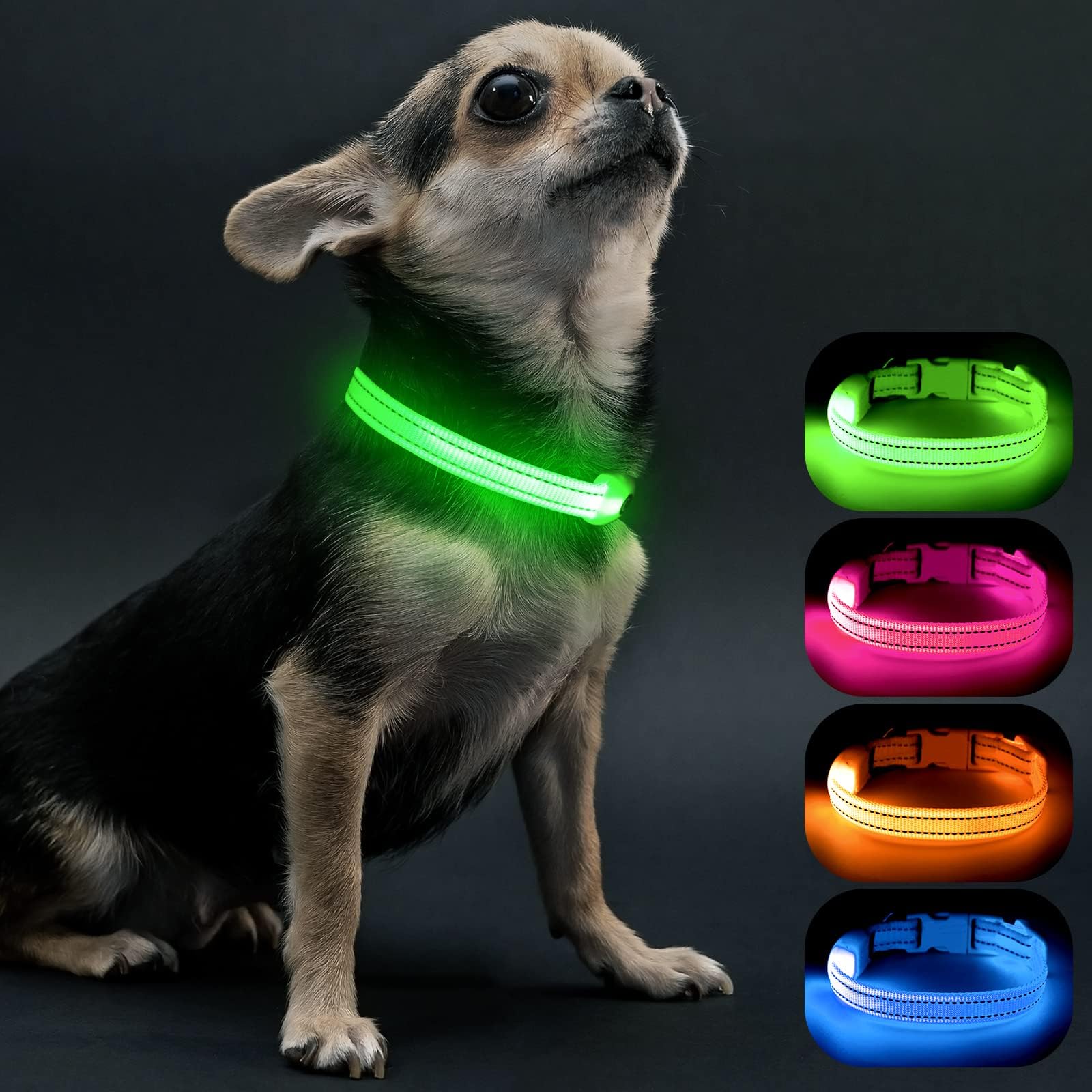 Visinite LED Dog Collar USB Rechargeable, Reflective Light Up Pet Collar for Night Walking, Adjustable Glow Collar for Small Medium Large Dogs (Green, S)