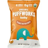 Puffworks Organic Baby Peanut Butter Puffs, 0.5 oz, 12 Pack | Early Peanut Introduction &bull; Meltable Texture &bull; No Added Sugar &bull; Baby-Led Weaning &bull; Easy Self-Feeding
