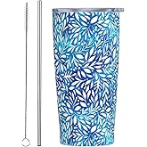 XUNNEECY Botanical Floral Tumbler Cup with Lid and Straw, 20 oz Stainless Steel Insulated Travel Mug, Hot and Cold Water Bottle, Blue Leaves Souvenir for Men Women