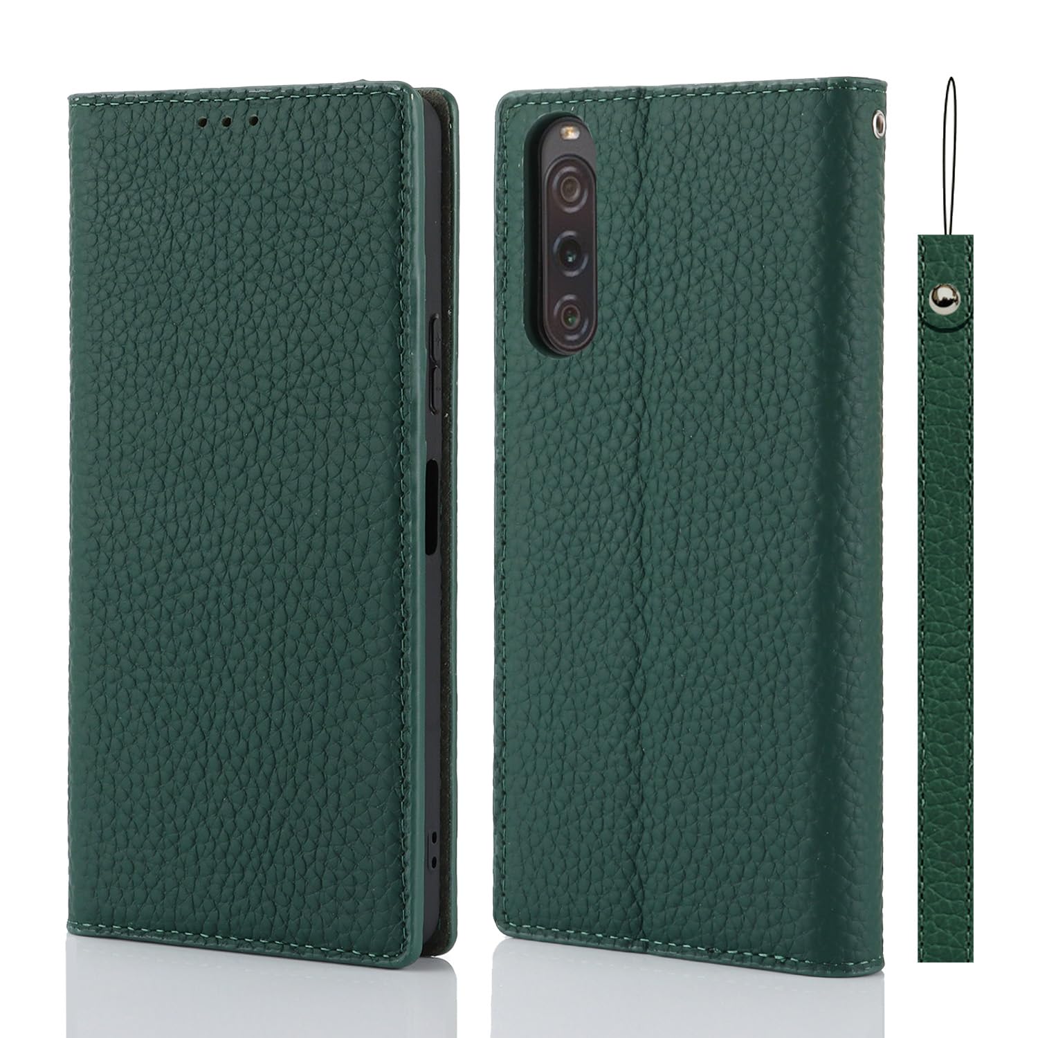 Cavor Phone Case Sony Xperia 10 V with Strap,Genuine Leather Flip Wallet Case,[3 Card Holder][Magnetic Closure][RFID-Blocking],Protective Case Cover for Sony Xperia 10 V - Dark Green — image 1