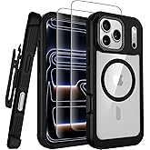 Stroson Magnetic for iPhone 17 Pro Case,Compatible with MagSafe Never Yellowing,Military Grade Protective Cover with Belt Clip Holster & Screen Protector x2,Clear Phone Case for iPhone 17 Pro (Black)