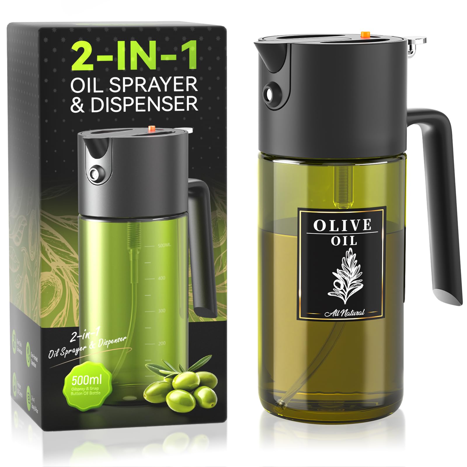 Photo 1 of 2-IN-1 500ml/17oz Light-Blocking Dark Oil Sprayer for Cooking with Sticker, Dark Green Glass Olive Oil Dispenser Bottle for Kitchen, Even Spray with Portion Control, Perfect for Air Fryer, BBQ - Black