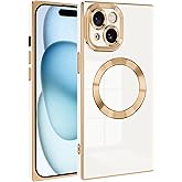 PSIOXY Magnetic for iPhone 15 Case Compatible with Magsafe, Scartchproof Plated Soft TPU with Full-Covered Lens Support Magnetic Wireless Charging Phone Case for iPhone 15 White