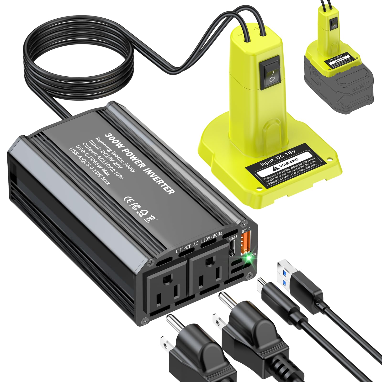 Photo 1 of TANHEYIN 300W Power Inverter Compatible with Ryobi 18V Battery - DC 18V to AC 110V Battery Converter, Portable Power Station with PD 65W Type-C Fast Charging & 2 AC Outlet & 1 USB-A 18W Max