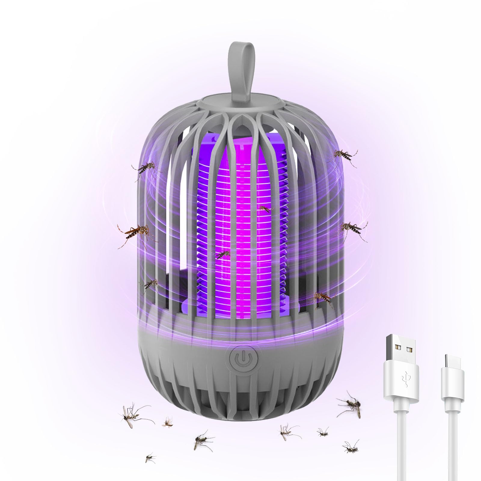 Mosquito Killer Lamp, Dual Function Mosquito Zapper Lamp Indoor Insect Trap Portable Camp Mosquito Killer,Electric Mosquito Lamp Bug Zapper for Outdoor with Hanging Loop (Grey)