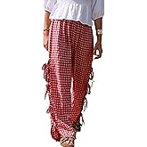 Sunloudy Women Y2K Wide Leg Gingham Pants Elastic High Waist Side Tie Loose Fit Plaid Trouser Lounge Pants