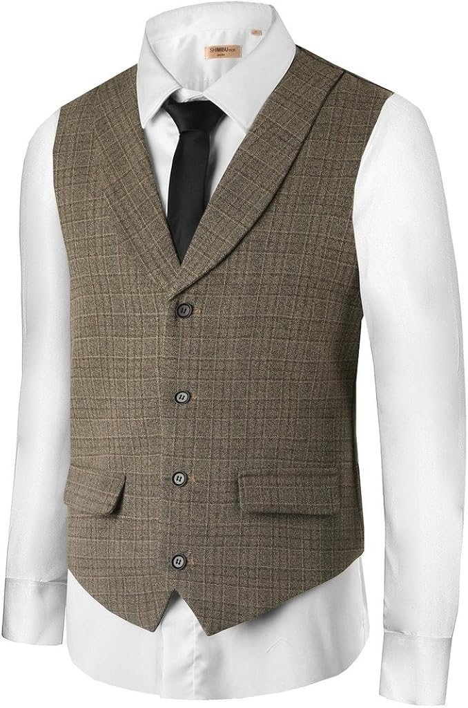 Hanayome Men's Brown Plaid Suit Vest Modern Fit Business Blazer Jacket