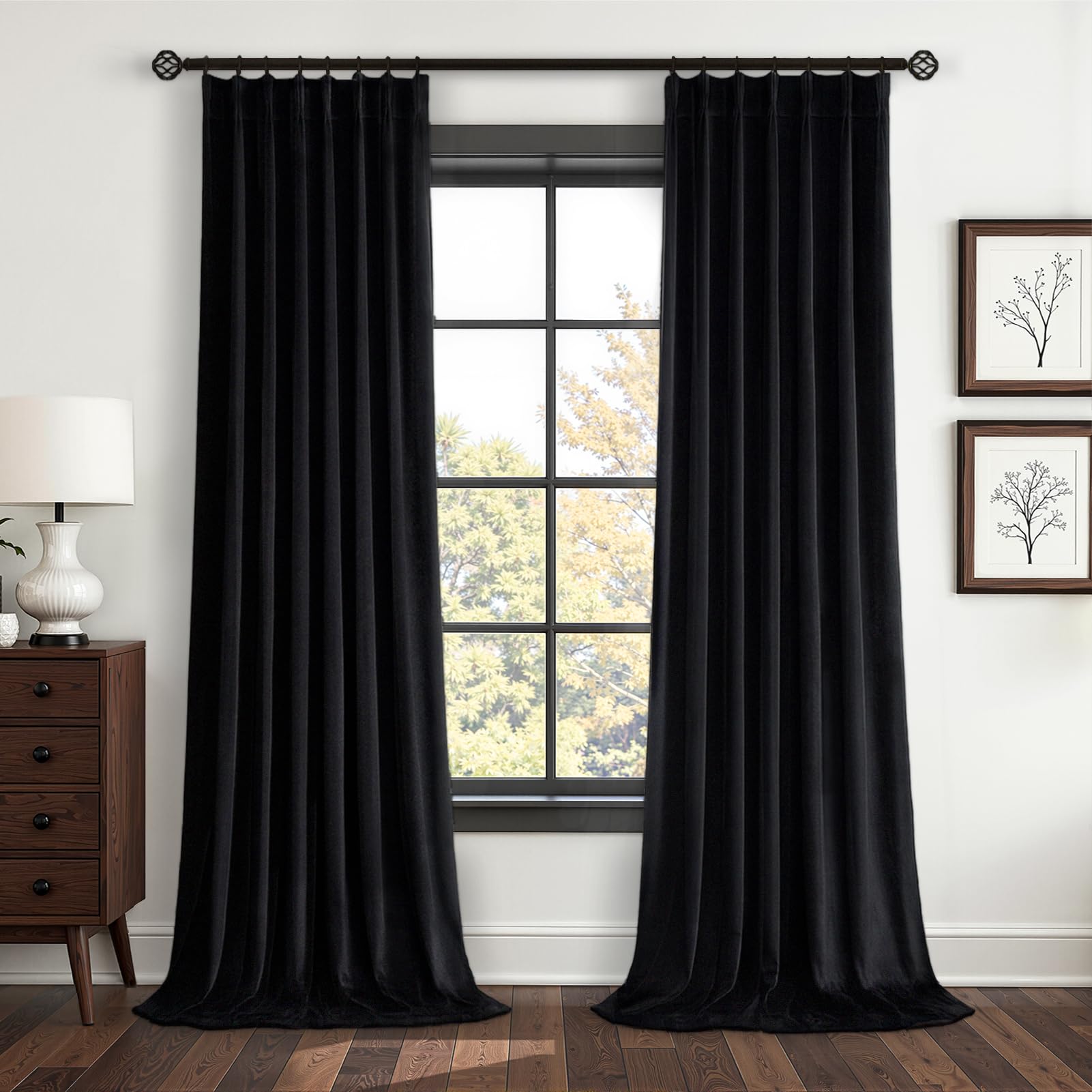 Photo 1 of 102 Inch Long Black Custom Velvet Blackout Curtains 2 Panels for Living Room Bedroom Elegant Luxury Room Darkening Pleated Drapes with Hooks Floor Length Room Rivider Window Panels for Home Decor