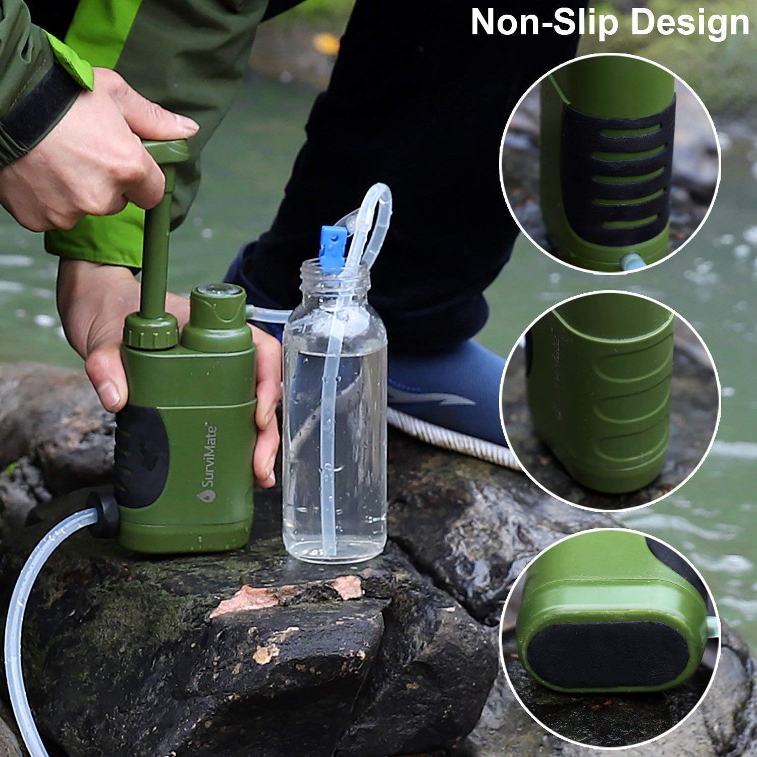 SurviMate Portable Water Filter Pump for Hiking Camping Travel Emergency use with Activated Carbon & 3 Filter Stages (Green) : Sports & Outdoors