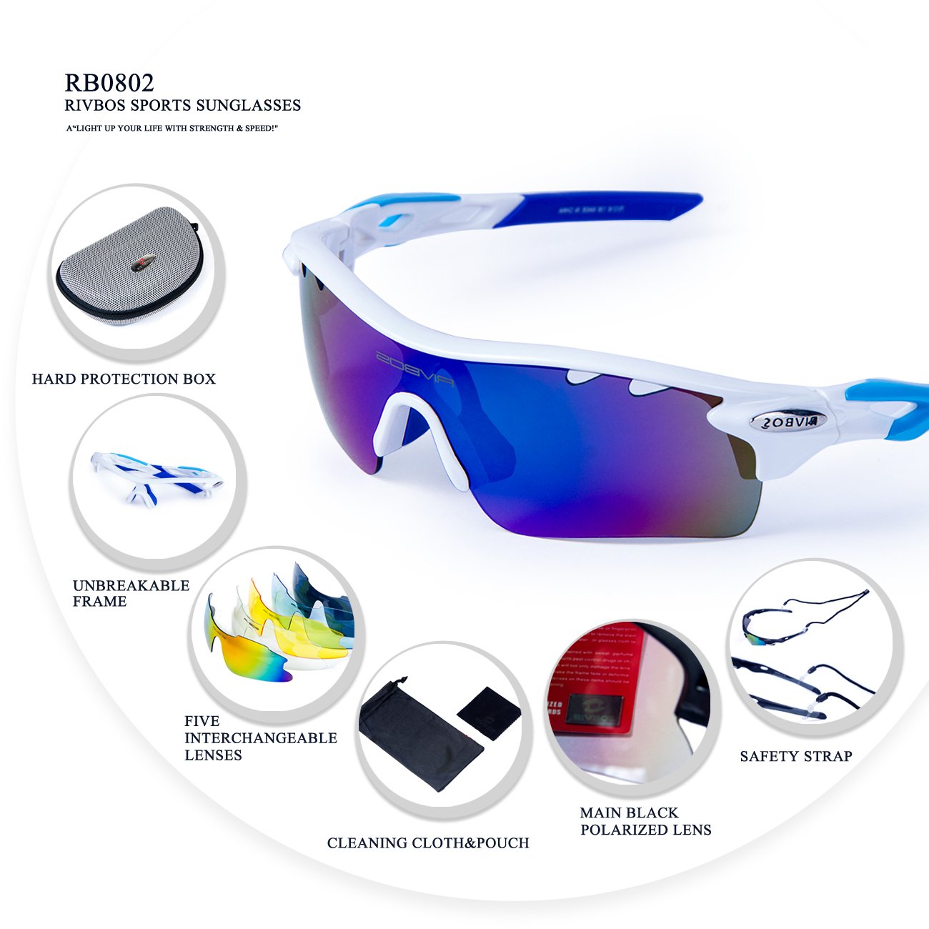 RIVBOS 801 Unisex Polarized Sports Sunglasses With 5 Interchangeable
