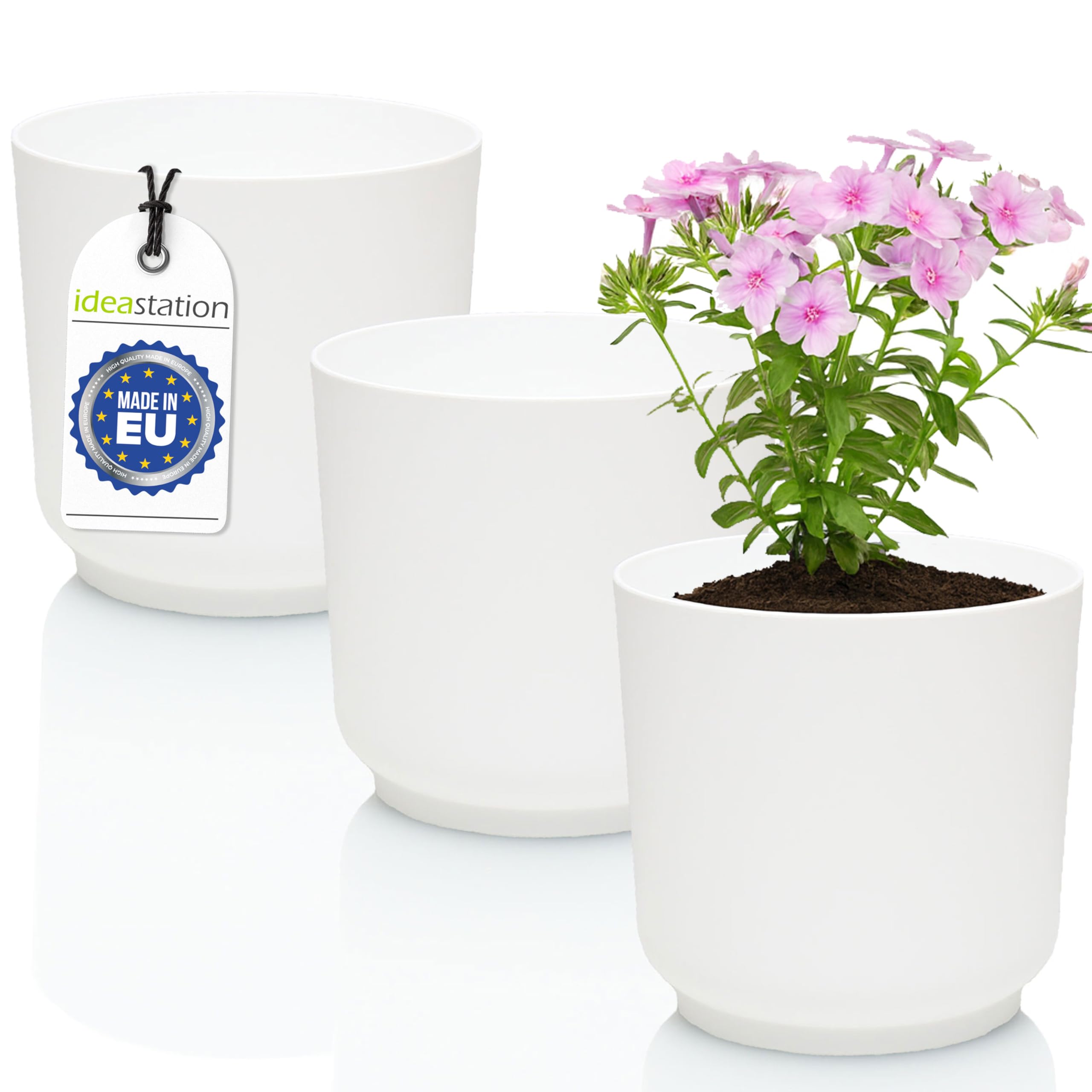 idea-station SATI Plastic Plant Pot Set 3 x 15 cm - white - Shatterproof and round Plant Pots - Suitable for Variety of Plants - Timeless Modern Design - Available in 2 Sizes