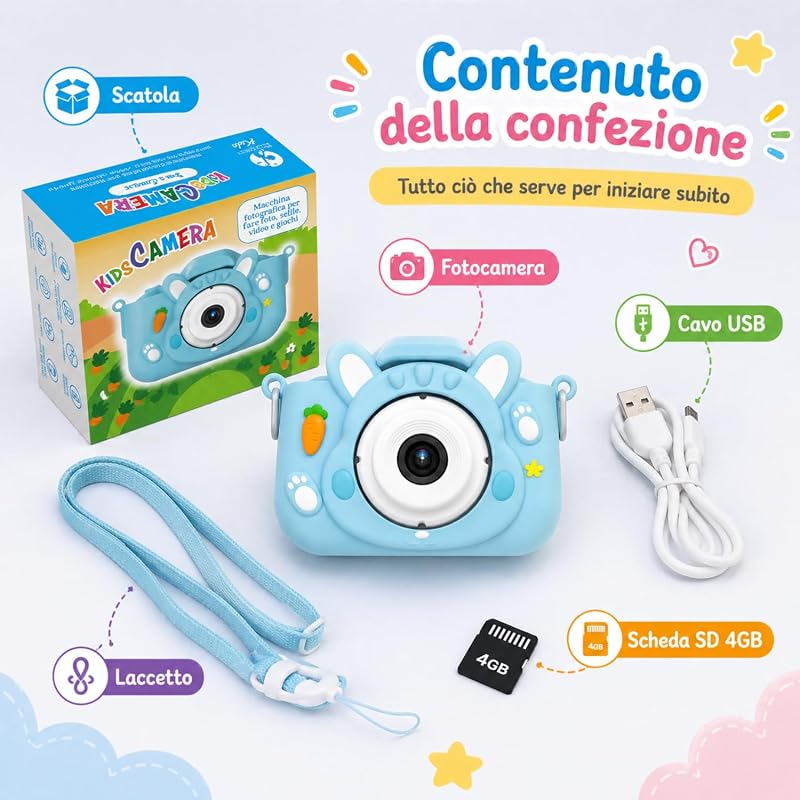 KidsCamera Bibi Le Lapin 2K – Appareil Photo pour Enfants 3 Ans avec Carte mémoire 4 Go Inclus, Photos, vidéos, Jeux et filtres – Premier Appareil Photo numérique Cadeau Anniversaire Fille