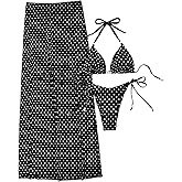 OYOANGLE Women's 3 Piece Polka Dots Bikini Swimsuit Triangle Halter String Bikini Set with Mesh Cover Up Long Skirt