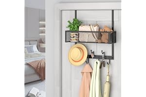 FOELLSTOE Over The Door Hooks Organizer, Over The Door Towel Rack Hanger with Mesh Basket, Over The Door Coat Rack Storage, Over Door Hanger Hooks for Hanging, Coats, Bathroom, Bedroom, Kitchen, Dormitory