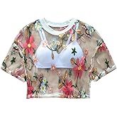 GORGLITTER Women's Floral Sheer Mesh Tees Crop Top See Through Short Sleeve Crew Neck Embroidered T Shirts