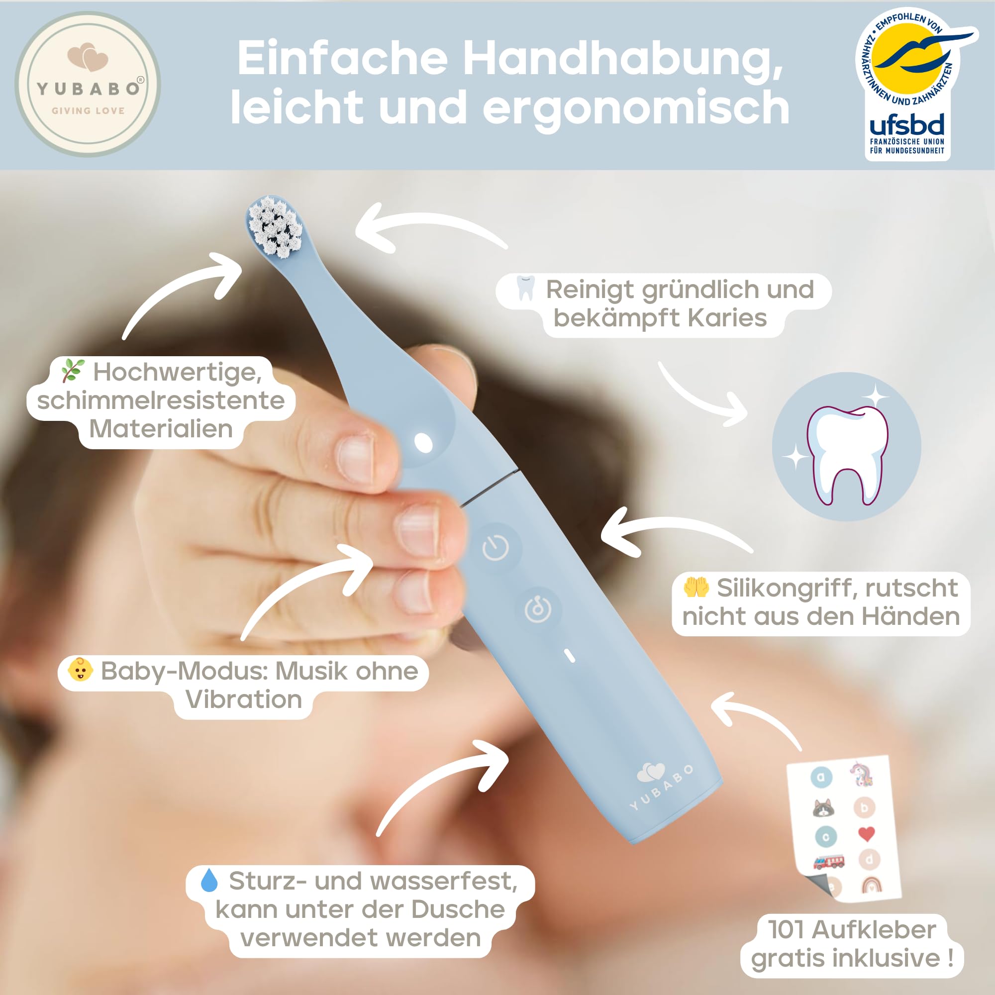 YUBABO – Elektrische Kinderzahnbürste mit Musik und Baby-Modus – 2 Schallmodi – 100 Tage Akkulaufzeit – 2-Minuten-Timer – 101 Aufkleber – Von Zahnärzten empfohlen – 1 bis 3 Jahre – Blau 2