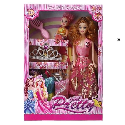 Mqfit Doll House for Girls Barbie Set Pink with Crown, Necklace, Slippers, 8 Sets of Fashion Accessories