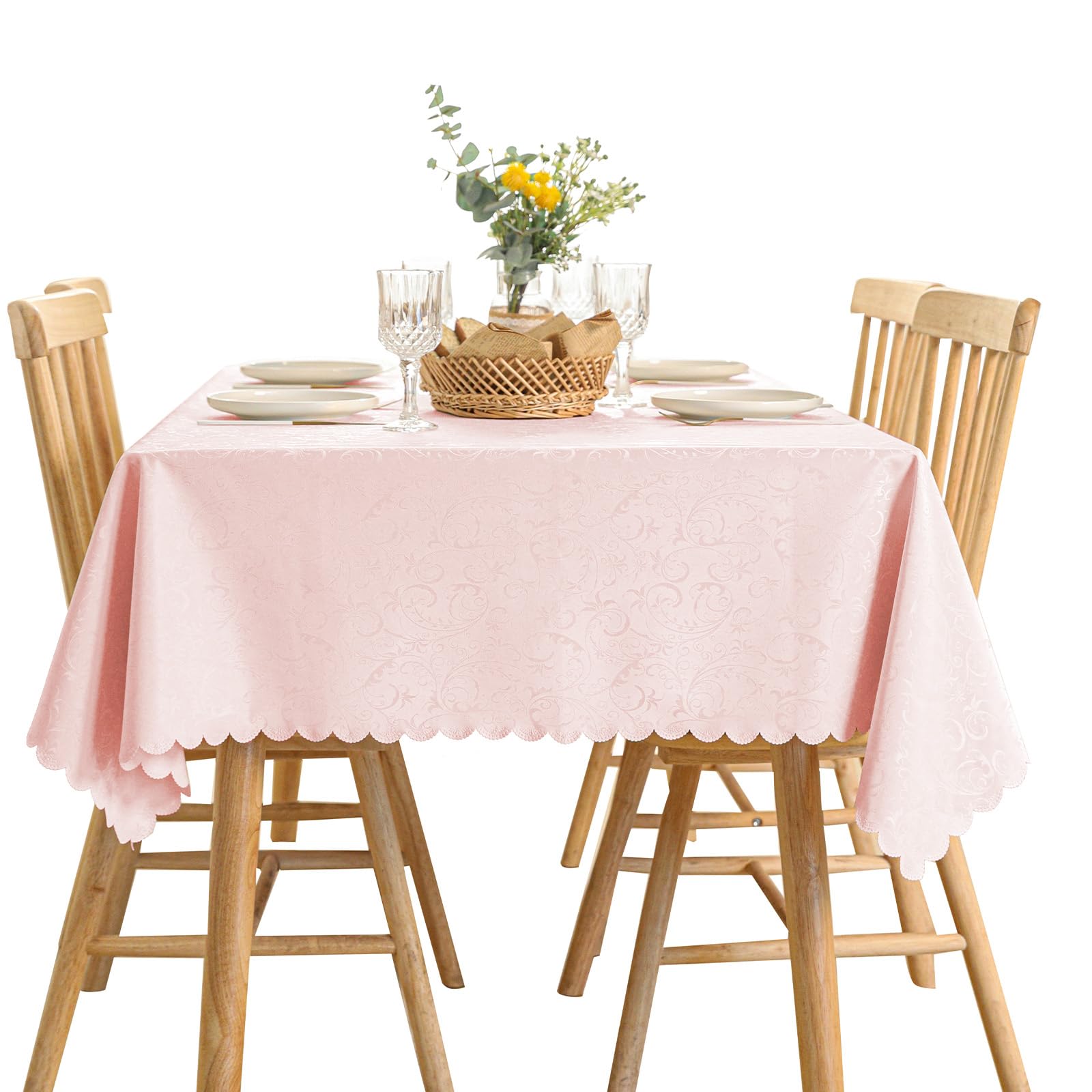 Photo 1 of Qubjus Rectangle Jacquard Tablecloth High Weight Heavy Waterproof oilproof with Lace Table Cover for Dining Table, 60x120 Inch, Pink