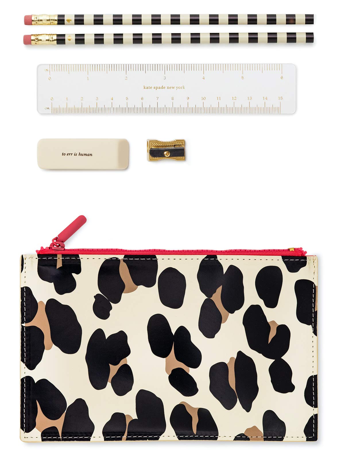 Kate Spade New York Pencil Pouch Including 2 Pencils, Sharpener, Eraser, and Ruler School Supplies, Forest Feline