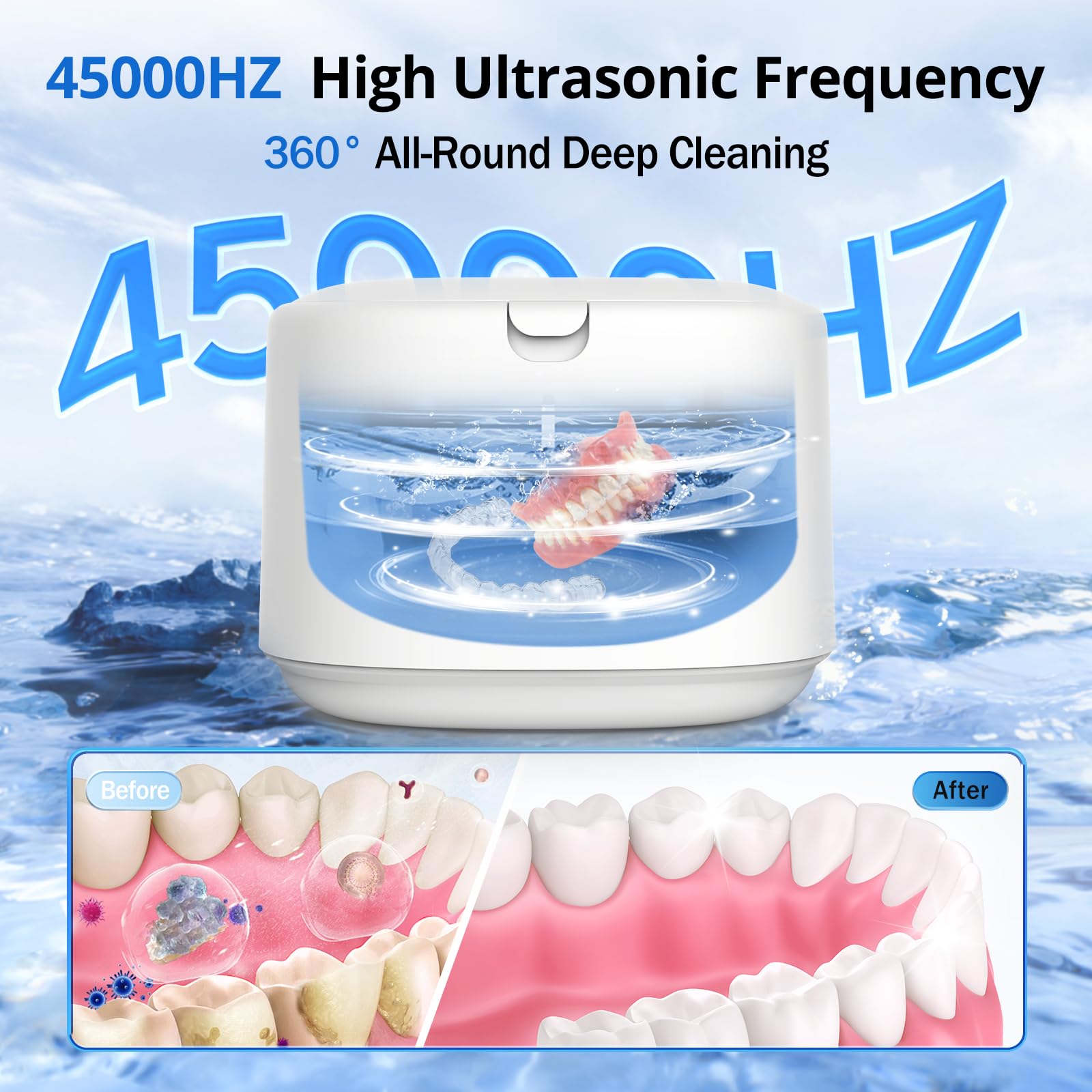 360° Ultrasonic Deep Clean Machine, 30W/45kHz for Dentures, Mouth Guards, Aligners, Braces – 230ml Portable Vibration-Powered Cleaner