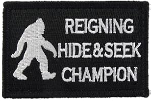 Reigning Hide and Seek Champion Bigfoot Funny Hook and Loop Fully Embroidered Morale Tags Patch (Black and White)