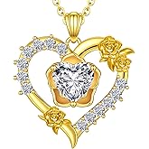 Beam & Bask Rose Flower Love Heart Necklace for Wife, 2-3 Carat Moissanite Women's Pendant, Sterling Silver Plated with 18K Gold, Anniversary Birthday Wedding Jewelry for Girlfriend Soulmate Her