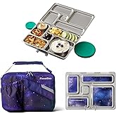 PlanetBox Rover Stainless Steel Bento Box Style Lunch Box Kit for Kids with 5 Compartments – Stardust Edition includes Insulated Lunch Bag, Leakproof Food Containers and Matching Magnets