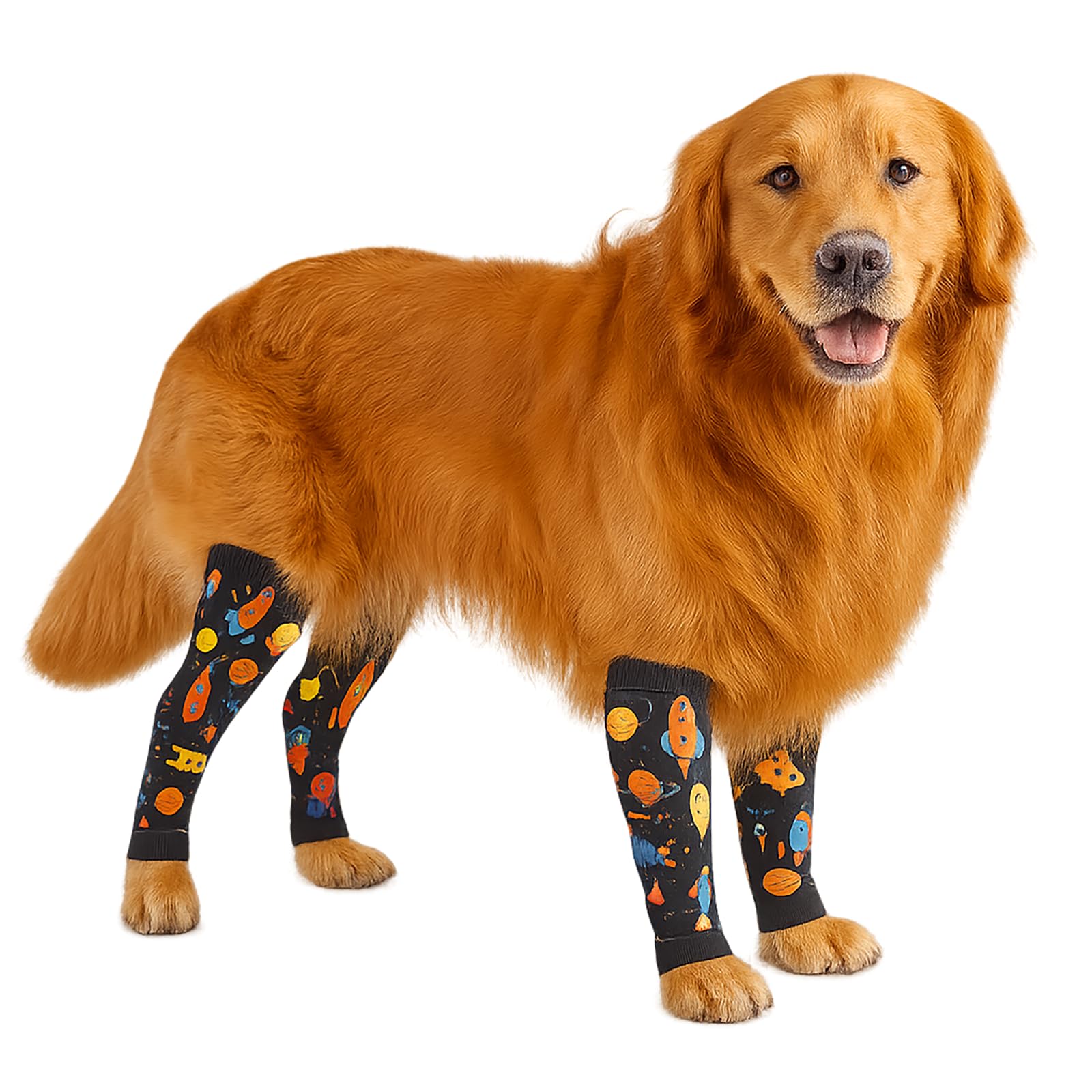 Photo 1 of Petwarm Dog Recovery Leg Sleeves 4pcs Set Rocket Print – Breathable Anti-Lick Dog Leg Sleeves, Surgery Recovery Wraps for Joint Support, 4-Pack for Medium & Large Dogs, Black Gold, L