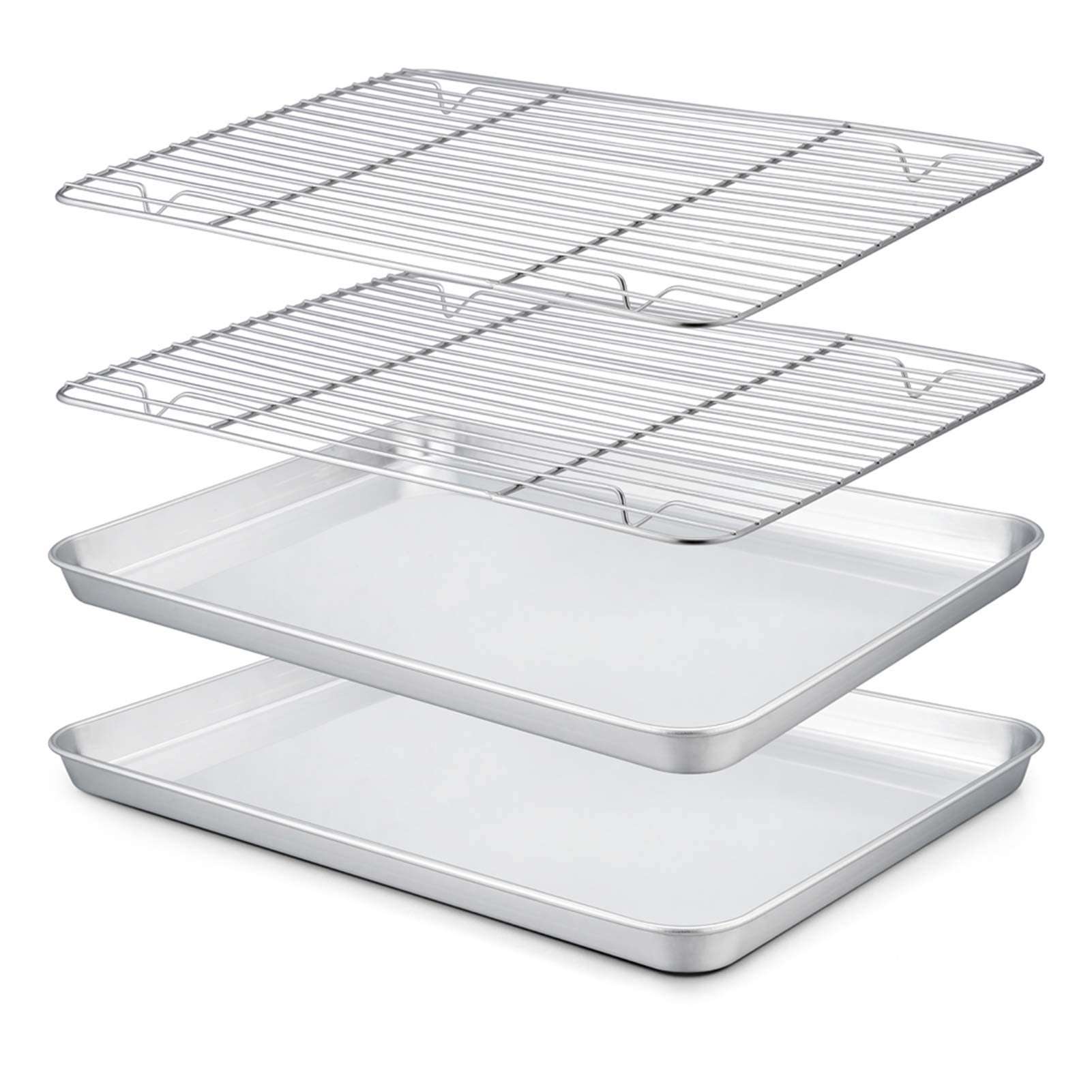Baking Tray with Rack Set of 4, Stainless Steel Baking Sheet Pan with Cooling Rack, Non Toxic & Healthy, 40x 30x 2.5 cm, Mirror Finish - Easy Clean & Dishwasher Safe - 4 Pack(2 Trays+2 Racks)