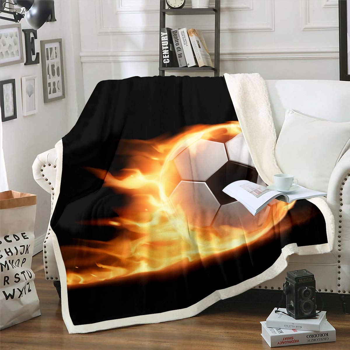 Loussiesd Sports Plush Soccer Ball Pattern Sherpa Fleece Throw Blanket For Kids Boys-3D Football Print-Fuzzy Blanket For Sofa Bed Couch-Single 50x60 Inch