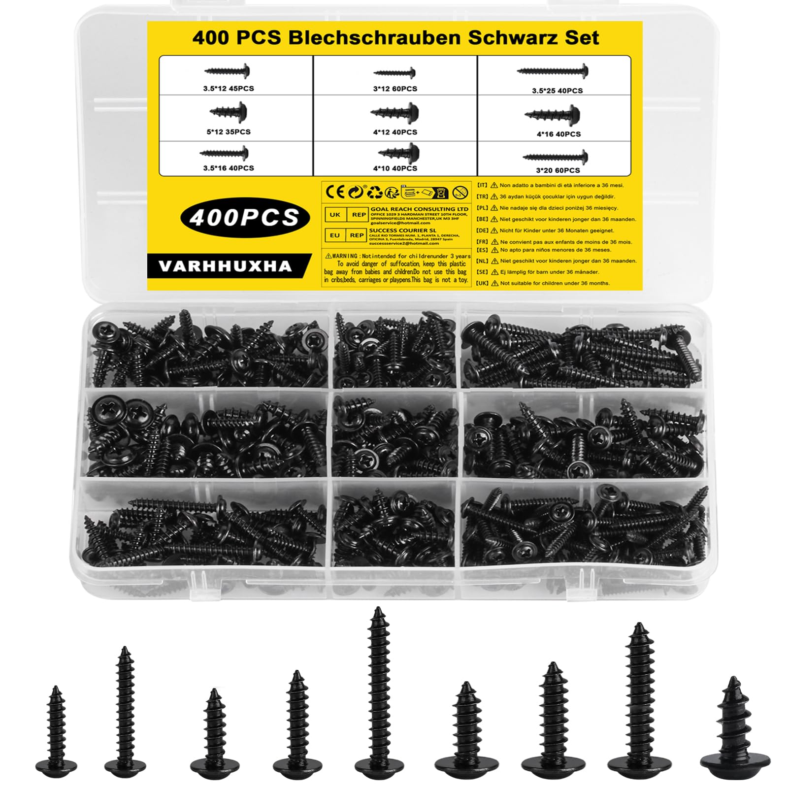 400 Pcs M3 M3.5 M4 M5 Self Tapping Screws for Wood, Black Phillips Pan Head Wafer Self Drilling Truss Cross Head Screws Assorted for DIY Repairs
