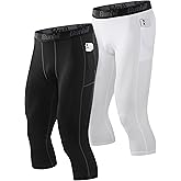 Runhit 3/4 Men's Compression Pants with Pockets,Workout Athletic Tights Leggings Athletic Base Layer Underwear